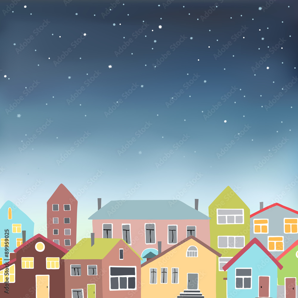 Different houses on the starry sky background