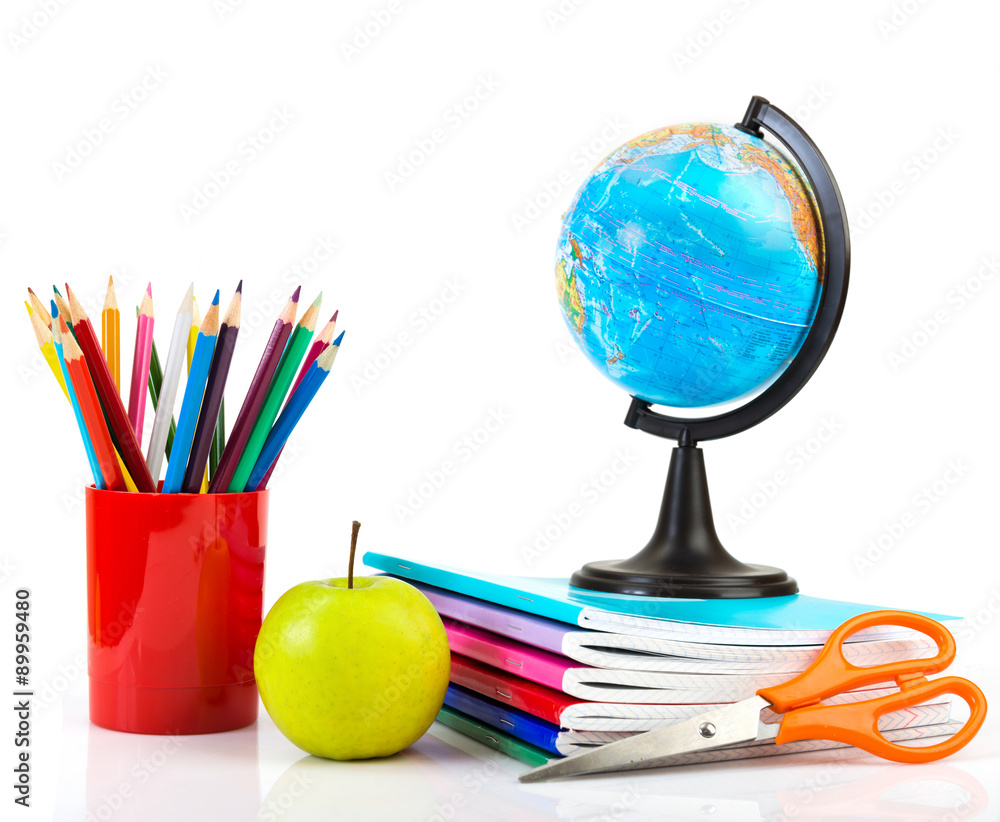 Naklejka premium Globe, notebook stack and pencils. Schoolchild and student studi