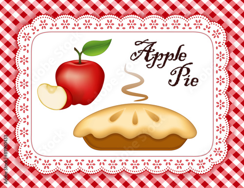 Apple Pie, white eyelet lace doily place mat, red gingham check background, crispy crust steaming with fresh fruit. 