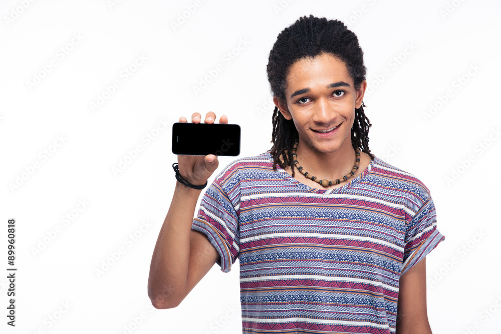 Smiling african man showing blank smartphone screen Smiling african man showing blank smartphone screen
