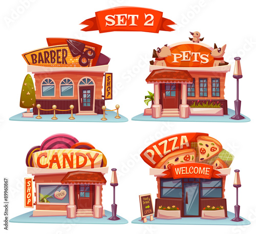 Candy, Pets shop, Pizzeria and barbershop. Vector set