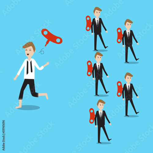 Businessman running different way with others and throw away the