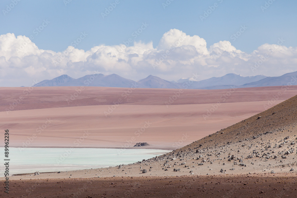 Bolivia, panorma desertico. Montagne e cielo bianco con nuvole sullo sfondo