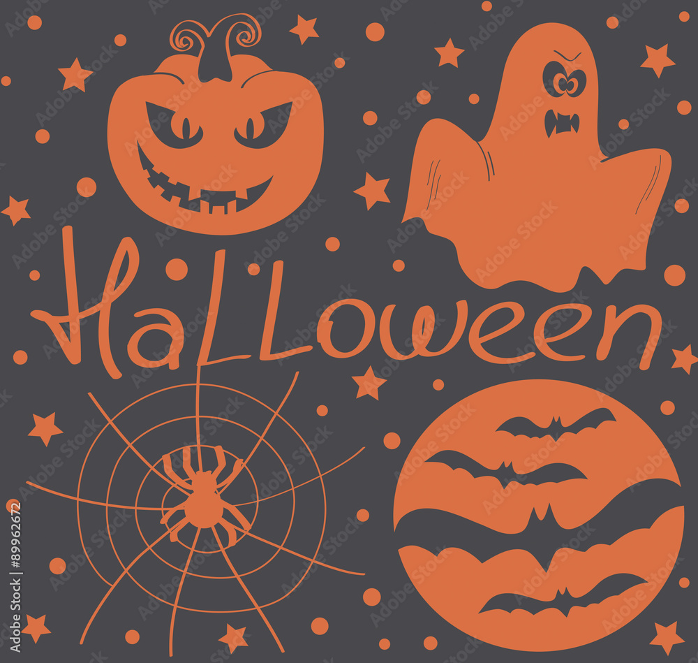 Halloween vector. Pumpkin, ghost, spider, bat