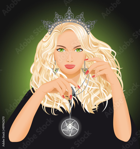 Background with beautiful witch who holds pentagram in hand. Fantasy and halloween concept. Vector illustration.