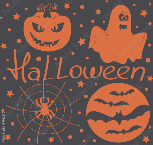 Halloween vector. Pumpkin, ghost, spider, bat
