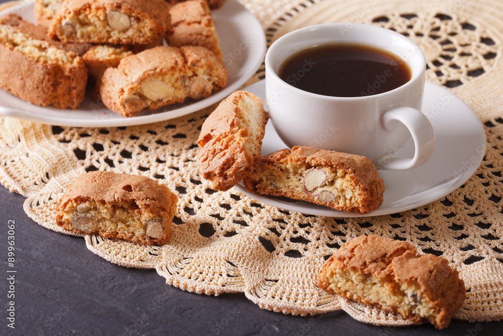 Black coffee and cookies with almonds close-up. Horizontal
Black coffee and cookies with almonds close-up. Horizontal