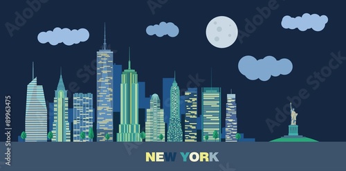 The landscape of skyscrapers of night New York City with the statue of liberty. Vector flat illustration .