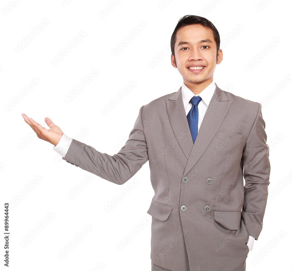 The young businessman with style invite, isolated on white background The young businessman with style invite, isolated on white background