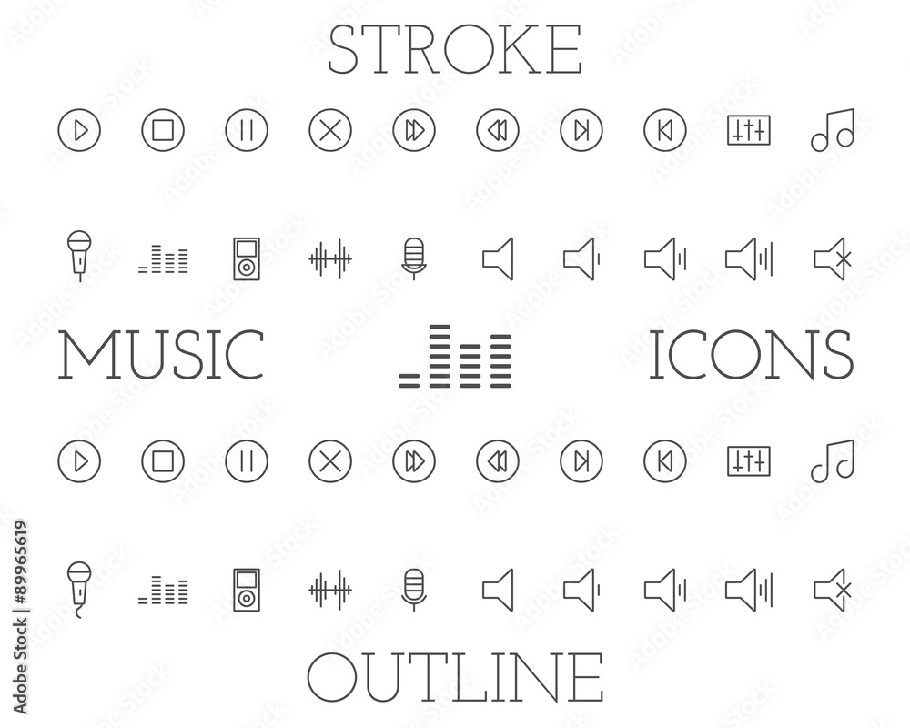 Music outline and stroke icons set, simple thin line design Music outline and stroke icons set, simple thin line design