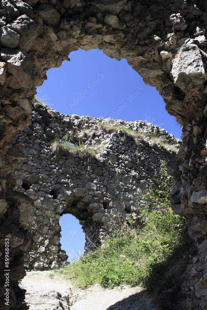 Ruins of the Vrsatec Castle in White Carpathians mountain range, near the village Vrsatske Podhradie, Slovakia. Ruins of the Vrsatec Castle in White Carpathians mountain range, near the village Vrsatske Podhradie, Slovakia.