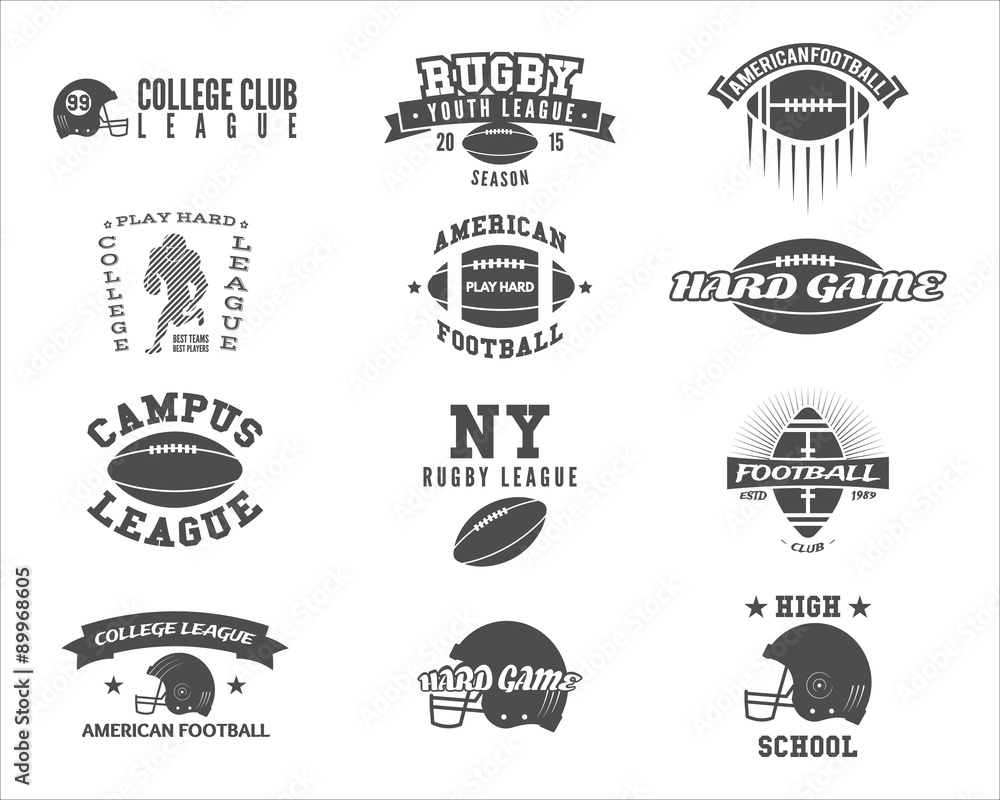 College rugby and american football team badges, logos, labels