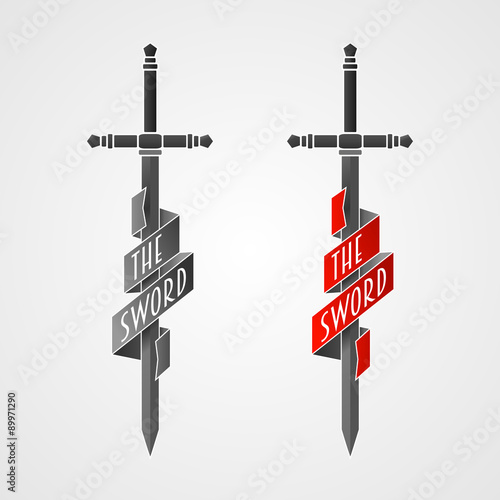 Two sword vector icon with ribbon on balde.