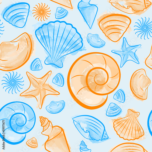 Seamless pattern with seashells created by watercolor brushes blue and orange © Barbara Marini