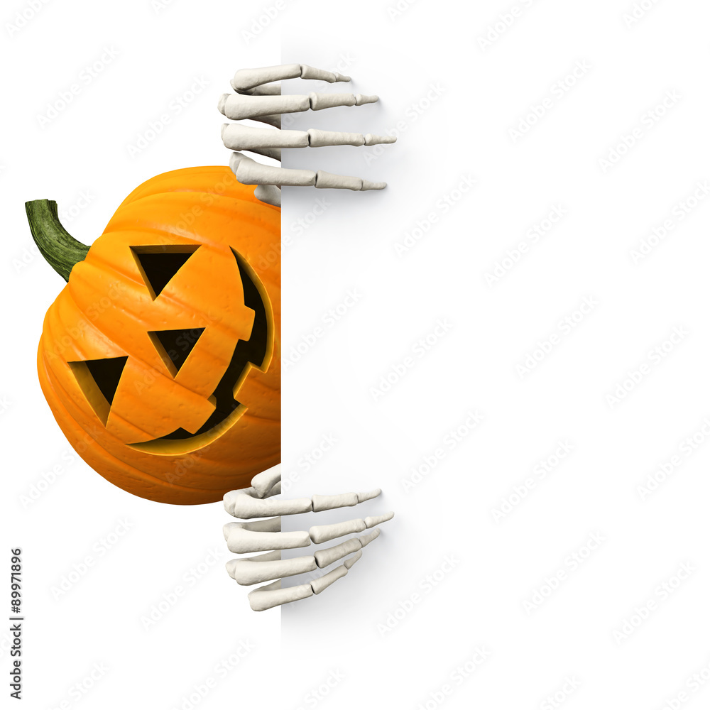 Fototapeta premium Halloween - carved pumpkin with skeletal hands holding blank board sideways