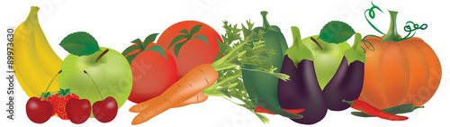 Fruits and vegetables. Banana, apple, pepper, tomatoes, carrot, strawberry, aubergine and pumpkin