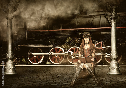 Steampunk and retro-futurism style. Woman traveler