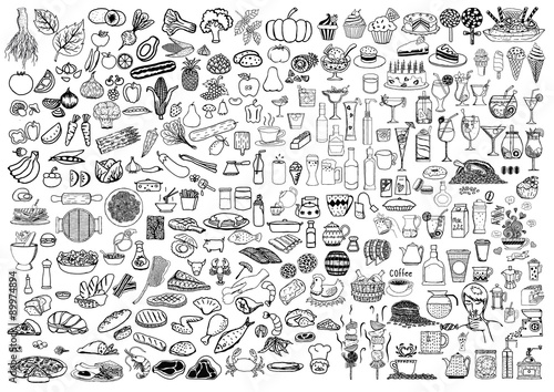 Fototapeta Set of food and drinks doodle on white background.