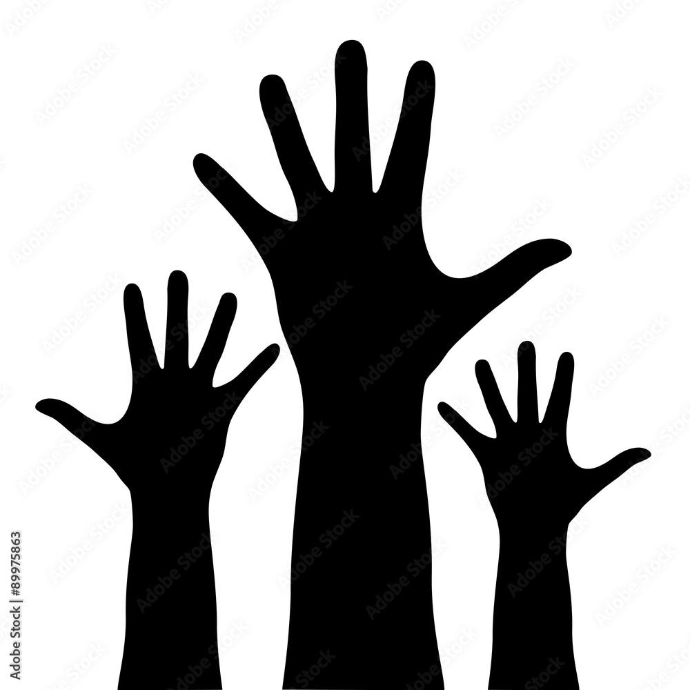 Raised hands silhouette isolated on white