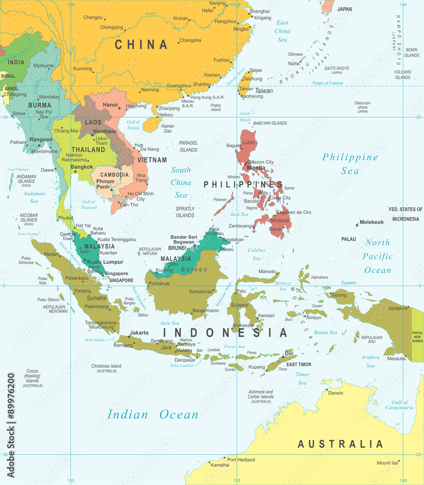Naklejka Azja Południowo-Wschodnia - mapa - ilustracja. Mapa Azji Południowo-Wschodniej - bardzo szczegółowe ilustracji wektorowych.