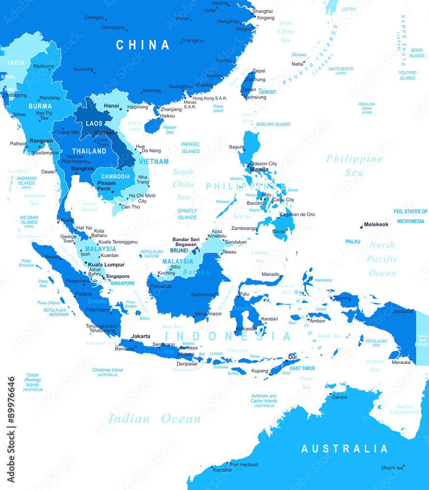 Obraz Azja Południowo-Wschodnia - mapa - ilustracja. Mapa Azji Południowo-Wschodniej - bardzo szczegółowe ilustracji wektorowych.