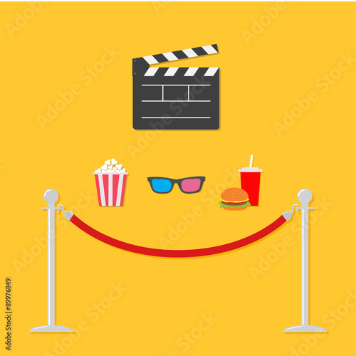 Open movie clapper board 3D glasses popcorn soda hamburger template icon. Red rope barrier stanchions turnstile  Flat design style.