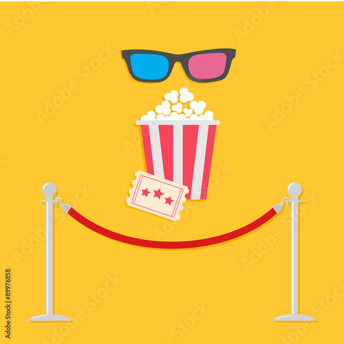 Red rope barrier stanchions turnstile 3D glasses big popcorn and ticket. Cinema icon in flat design style.