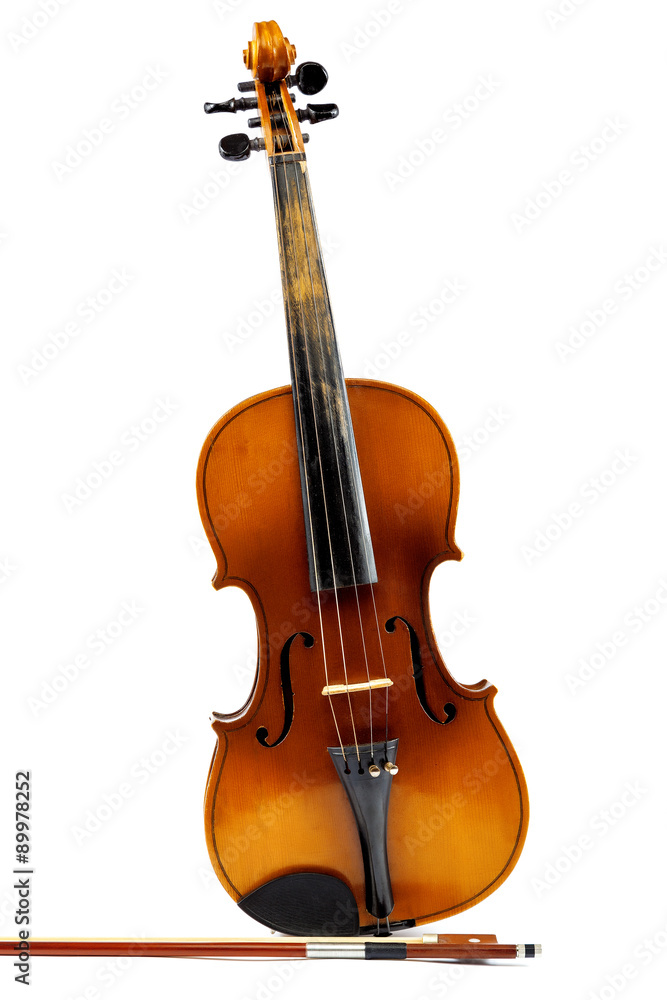 Fototapeta premium Violin and bow on a white background.