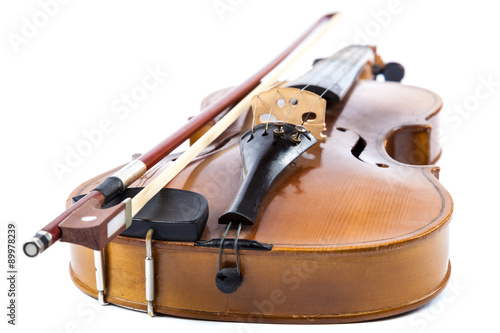 Violin and bow on a white background.