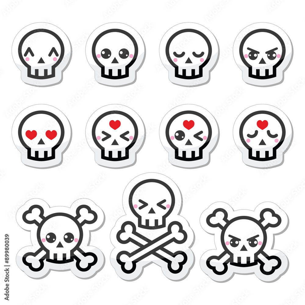 Kawaii cute Halloween skull labels set Kawaii cute Halloween skull labels set