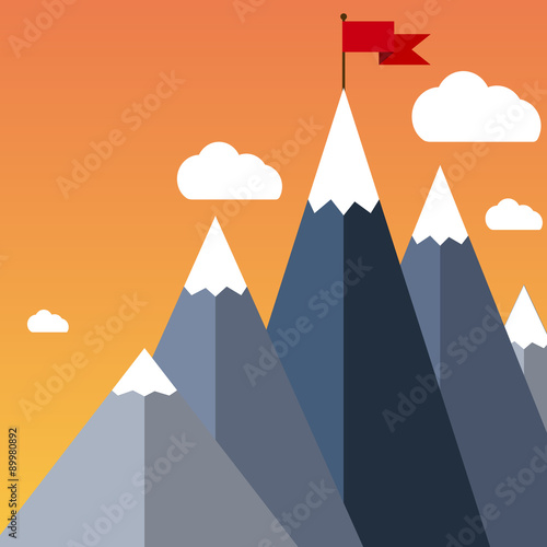 Vector flat flag on mountain. Success illustration. 