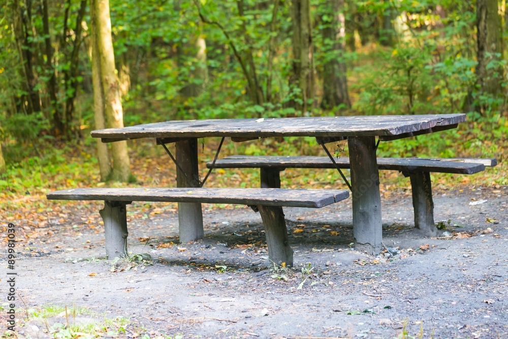 Bench and table in forest. Place for resting for tourists.