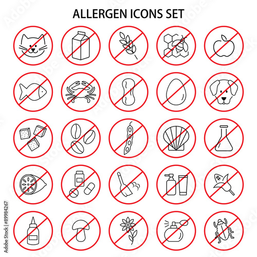 Set of allergen free products icons. Insects and wool, dust and medicine and odor. Vector illustration