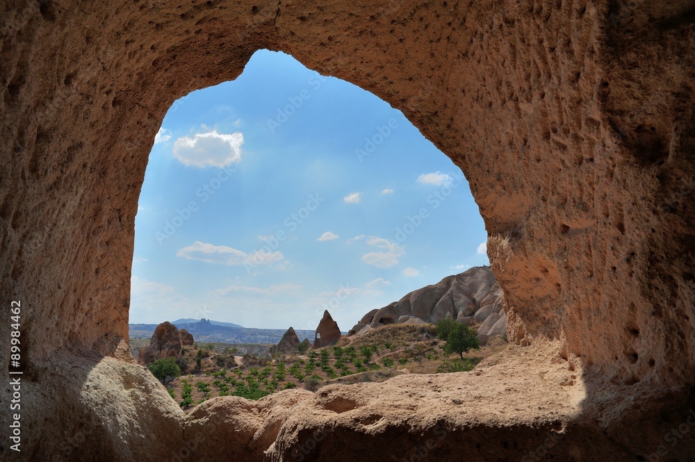 Cappadocia view from a cave haouse window, Red Valley Urgup Turkey