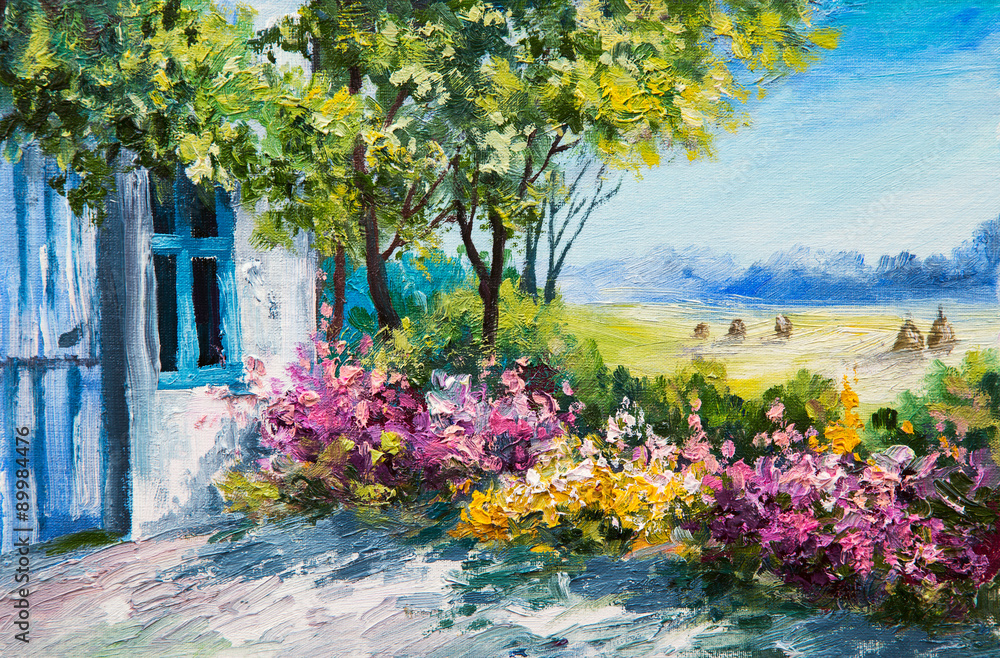 Obraz obraz olejny krajobraz - ogród przy domu, kolorowe kwiaty, las letni