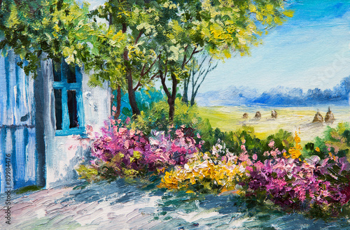 Obraz na płótnie obraz olejny krajobraz - ogród przy domu, kolorowe kwiaty, las letni