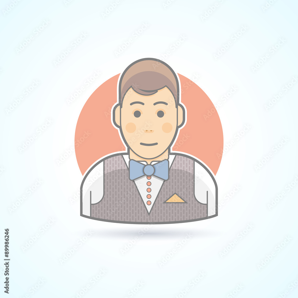 Waiter, steward, garcon icon. Avatar and person illustration. Flat colored outlined style.