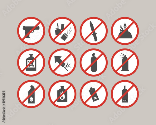 Prohibited luggage items. Airport restrictions. Dangerous stuff for airplane. Vector icons collection. Free Download Prohibited luggage items. Airport restrictions. Dangerous stuff for airplane. Vector icons collection. - GFXLoad