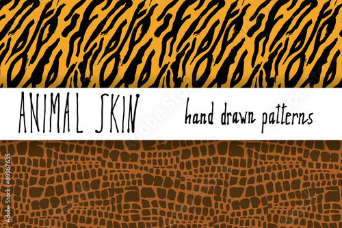 Animal skin hand drawn texture, Vector seamless pattern set, sketch drawing clocodile and tiger skin textures