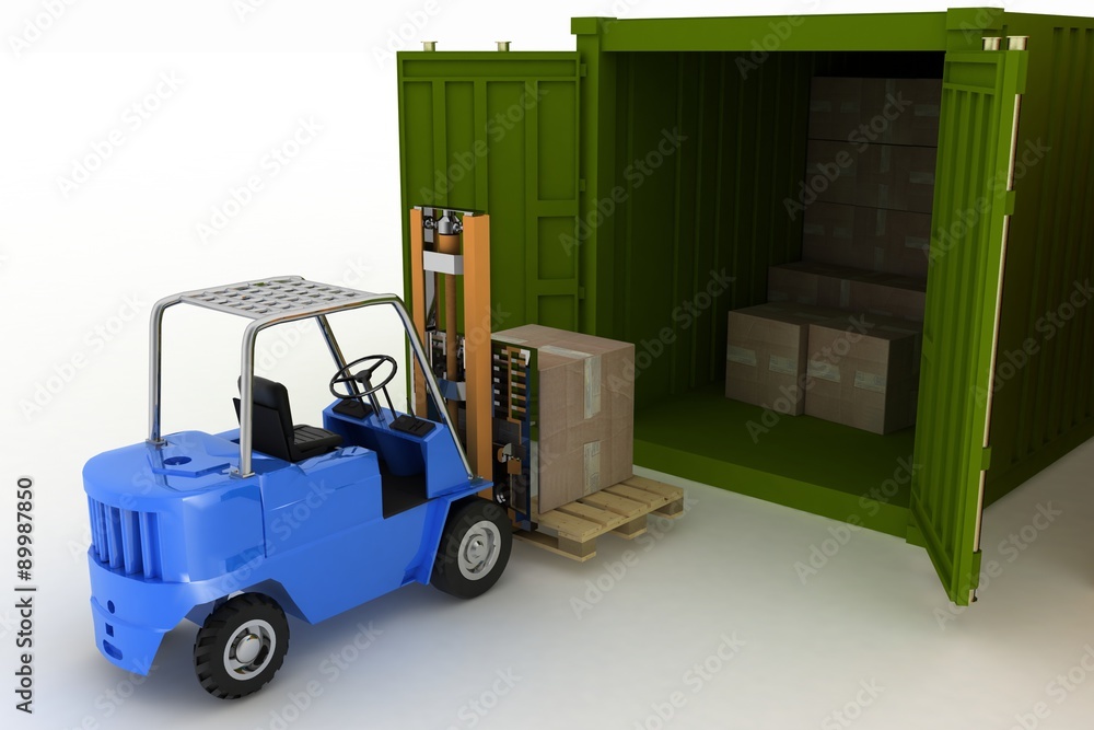 3d render. Loader loads in the container of box