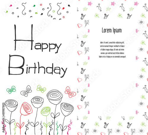 Hand drawn Birthday greeting card, party background with balloons, confetti, hand written lettering text birthday wish