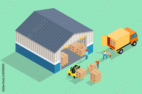 Isometric warehouse. Loading and unloading from warehouse