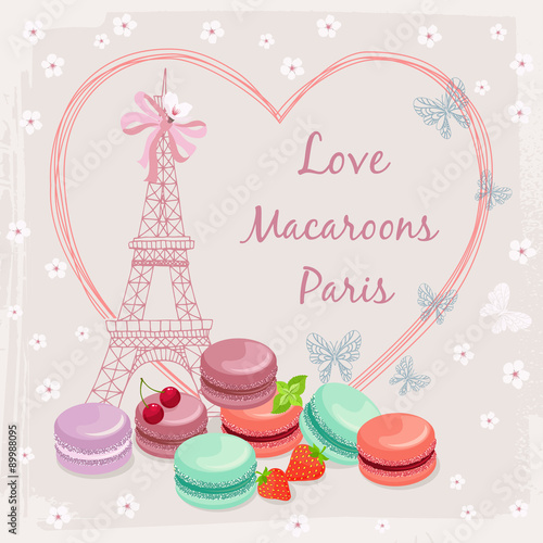 Poster with french macaroon cakes and the Eiffel Tower