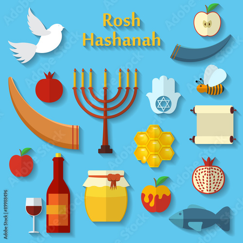 Rosh Hashanah, Shana Tova or Jewish New year flat vector icons set, with honey, apple, fish, bee, bottle, torah and other traditional items