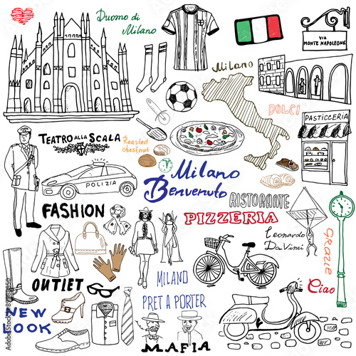 Milan Italy sketch elements. Hand drawn set with Duomo cathedral, flag, map, shoe, fashion items, pizza, shopping street, transport and traditional food. Drawing doodle collection, isolated on white