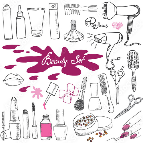 Hand drawn collection of make up, cosmetics and beauty items set, with hairbrushes, dryers, lipstick and nails illustration isolated