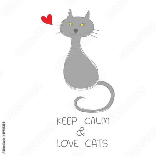 grey cat sitting with red heart hand drawn and quotes