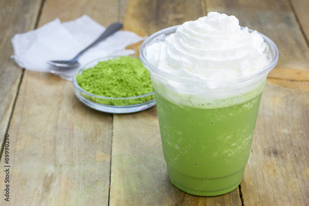 Homemade green tea frappe in plastic cup Homemade green tea frappe in plastic cup