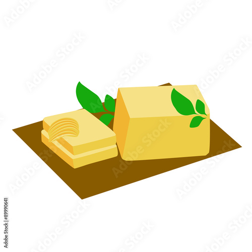 vector illustration of butter, butter curl and herb leaves on brown background.