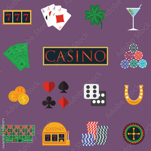 Casino and gambling icons set with slot machine and roulette, chips, poker cards, money, dice, coins, horseshoe flat design vector illustration